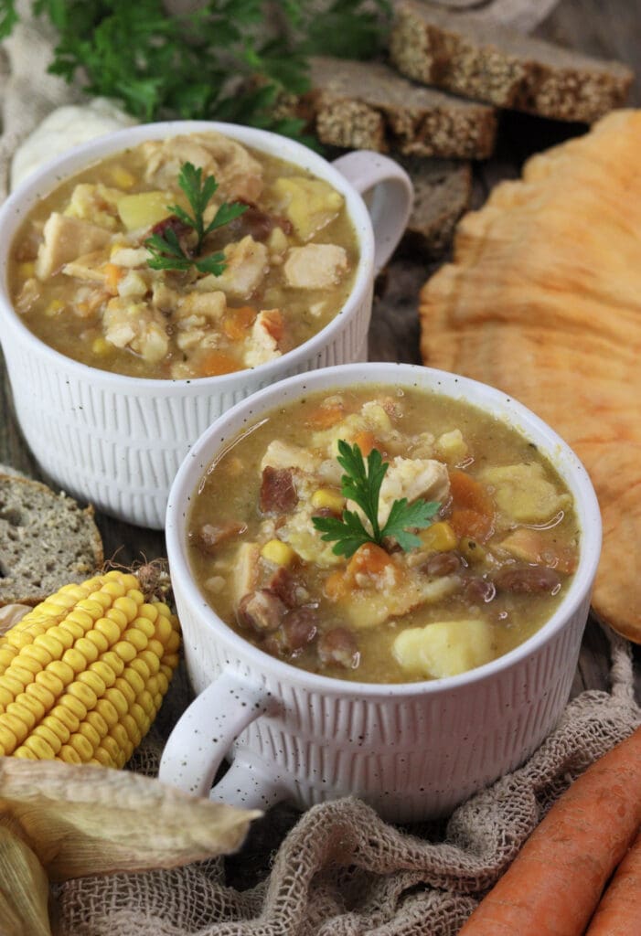 Two bowls of hearty chicken of the woods minestra soup.